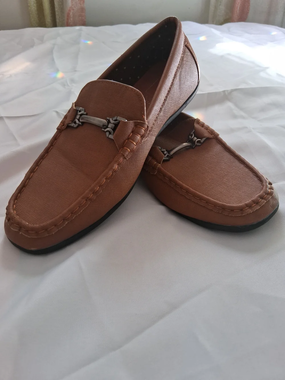 Kids Tan Slip-On Dress Loafers with Metal Bit Detail